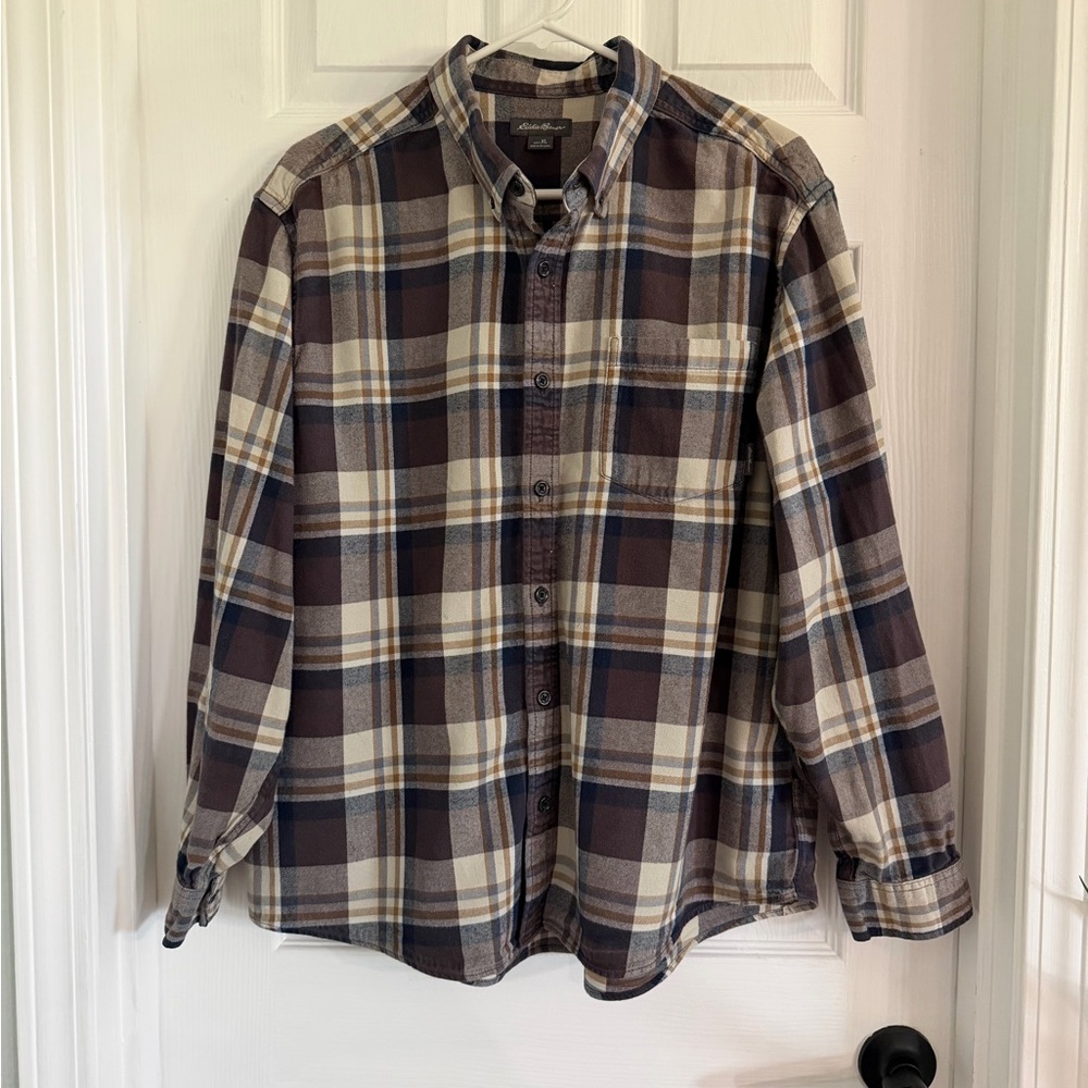 Eddie Bauer Men's Plaid Button-Down Shirt in Brown and Cream